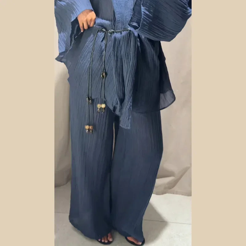 Women's Lace Up Blouses Pants Sets V-neck Long Flare Sleeve Tops Wide Leg Trousers Suit Women 2026 Summer Casual 2 Pieces Set