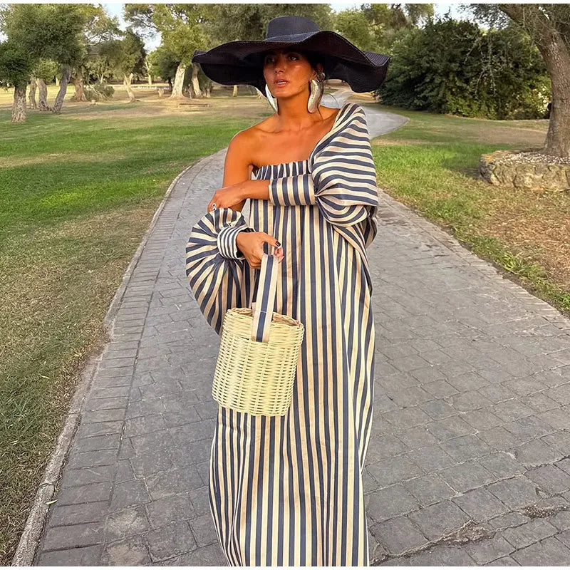 Fashion Stripe Capelet Strapless Dress Set Women's Detachable Shawl Loose Maxi Dresses 2026 Summer New Lady Casual Streetwear