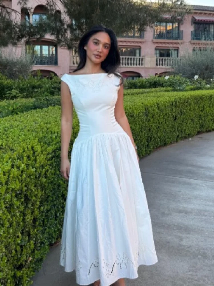 Minimalist White Boat Neck Midi Dress Women Elegant Cap Sleeve A-line Flare Eyelet Embroidery Vestido Wedding  Formal Party Gown