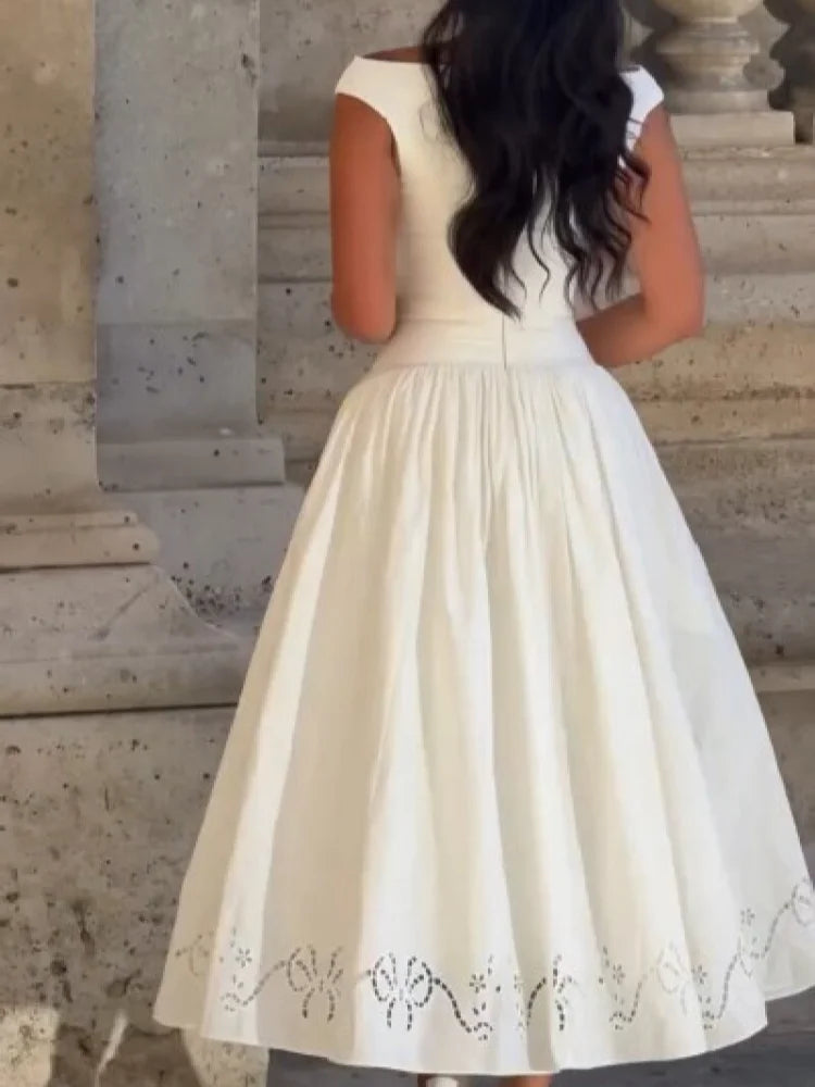 Minimalist White Boat Neck Midi Dress Women Elegant Cap Sleeve A-line Flare Eyelet Embroidery Vestido Wedding  Formal Party Gown