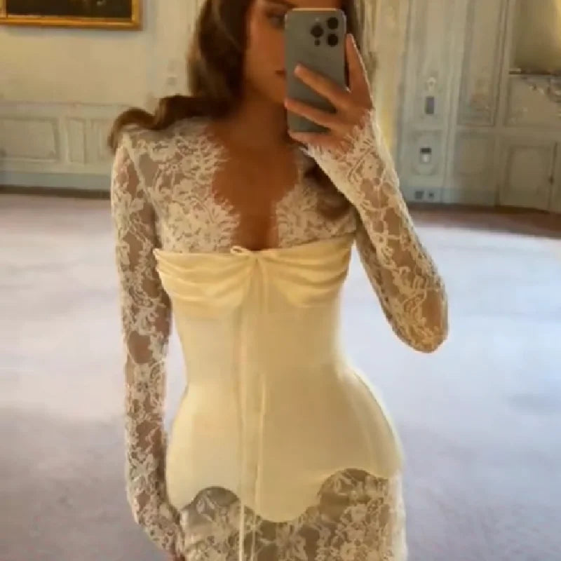 Women's Exquisite Lace Long Sleeve Corset Dress Chic V Neck Satin Bustier Mini Dresses 2026 Bachelorette Wedding Party Clothing