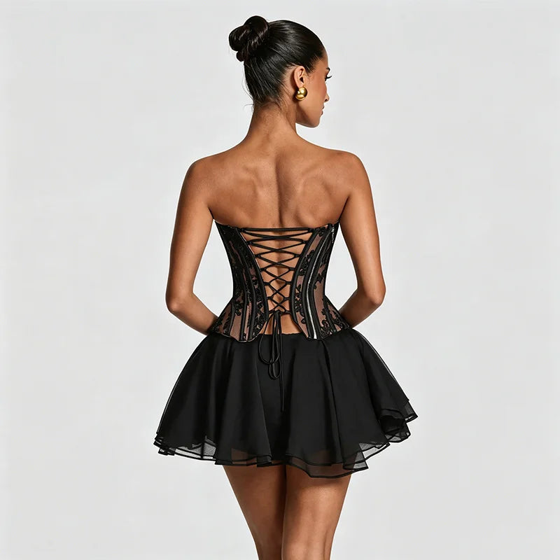 Lace Bone Corset Women Two Piece Set Back Lace Up Fitted Top Double Layer Tulle Flare Mini Skirt Evening Party Daily Outfit