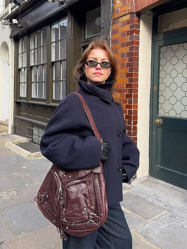 Elegant Woolen Single Breasted Jacket Women Loose Full Sleeve Big Pockets Lapel Outwear Lady 2026 Summer Autumn Coats Female