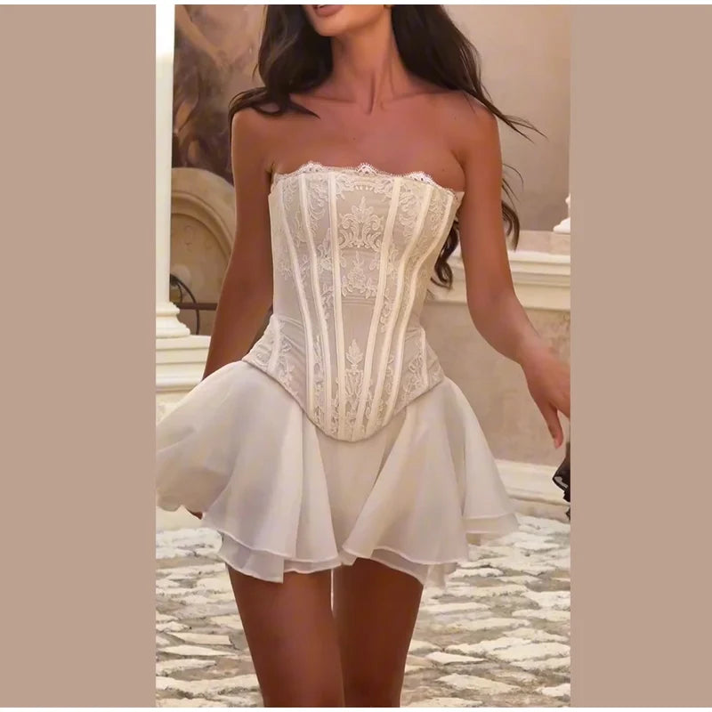 Lace Bone Corset Women Two Piece Set Back Lace Up Fitted Top Double Layer Tulle Flare Mini Skirt Evening Party Daily Outfit