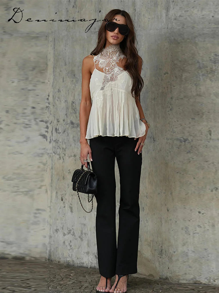 Fashion Asymmetric Floral Lace Halter Neck Cami Women's Sleeveless Chiffon Ruffle Hem Top 2026 Summer Lady Beach Vacation Wear
