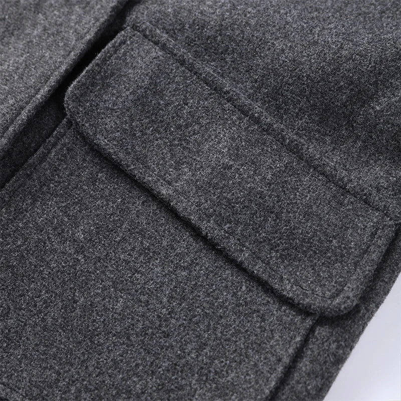 Elegant Woolen Single Breasted Jacket Women Loose Full Sleeve Big Pockets Lapel Outwear Lady 2026 Summer Autumn Coats Female