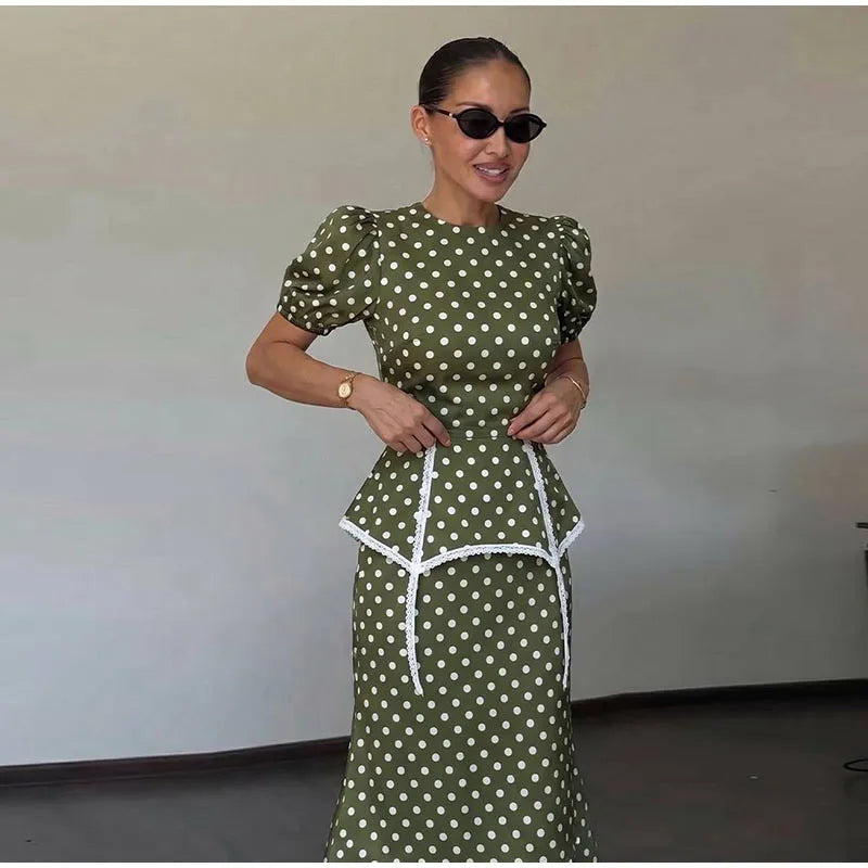 Polka Dot Women Dress Round Neck Puff Sleeve Dress High Waisted Mini Dress Waist Cincher Design Elegant Fashion Outfit 2026