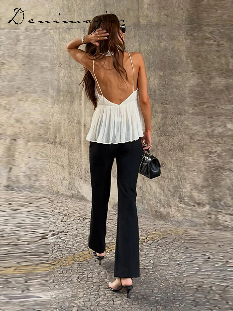 Fashion Asymmetric Floral Lace Halter Neck Cami Women's Sleeveless Chiffon Ruffle Hem Top 2026 Summer Lady Beach Vacation Wear