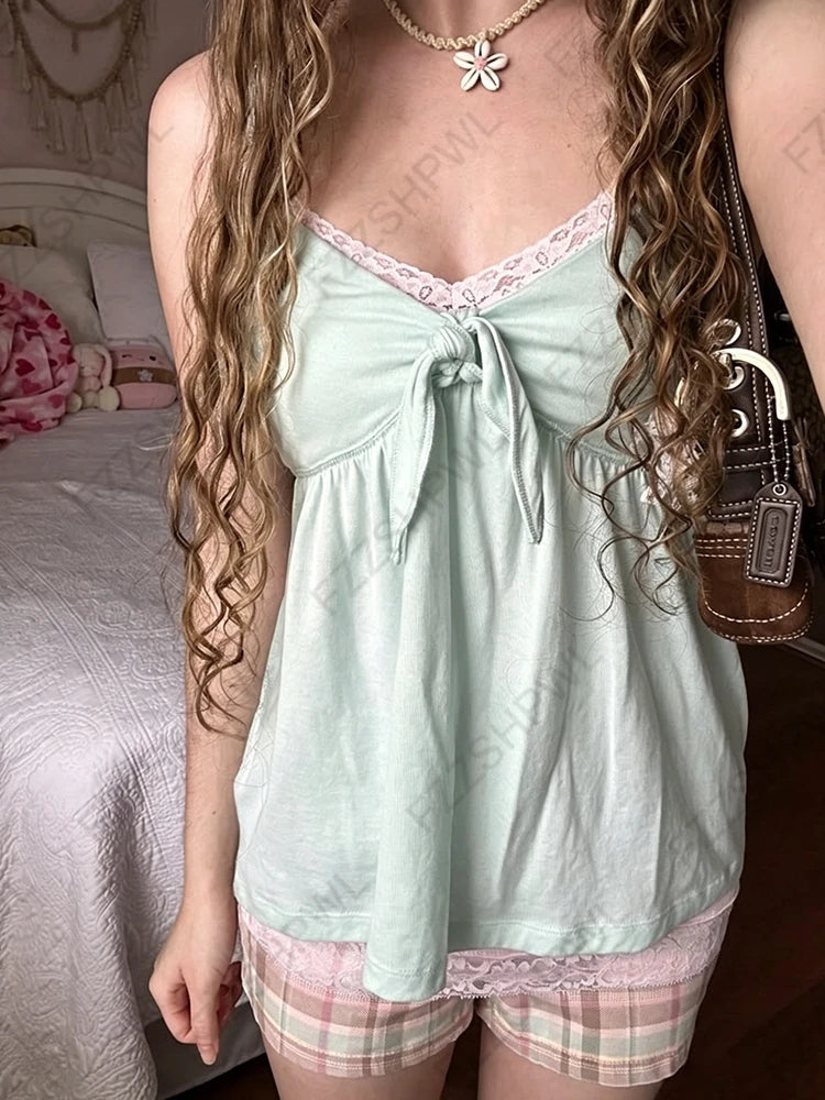 Y2K Japanese Summer Women's Camisole Top Sexy Cute Slim Fashion Casual Lace Solid Color Crop Tee Kawaii Sweet Girlish Streetwear