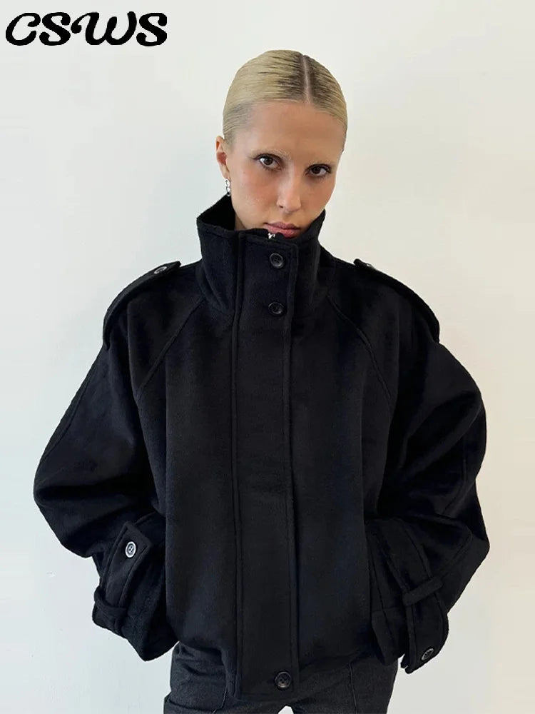 Elegant Woolen Single Breasted Jacket Women Loose Full Sleeve Big Pockets Lapel Outwear Lady 2026 Summer Autumn Coats Female