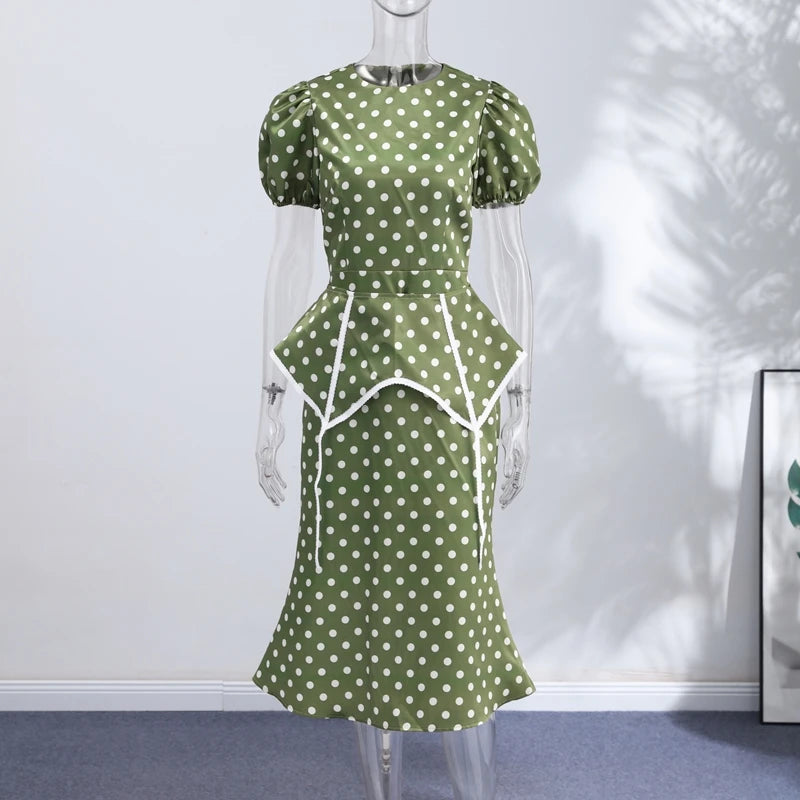 Women's Polka Dot Peplum Waist Dress Round Neck Puff Sleeve Fitted Silhouette Lace Trim Structured Midi Gown Elegant Slim