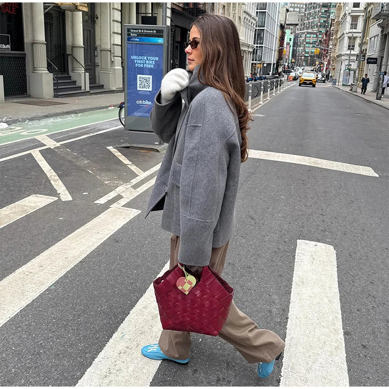 Elegant Woolen Single Breasted Jacket Women Loose Full Sleeve Big Pockets Lapel Outwear Lady 2026 Summer Autumn Coats Female