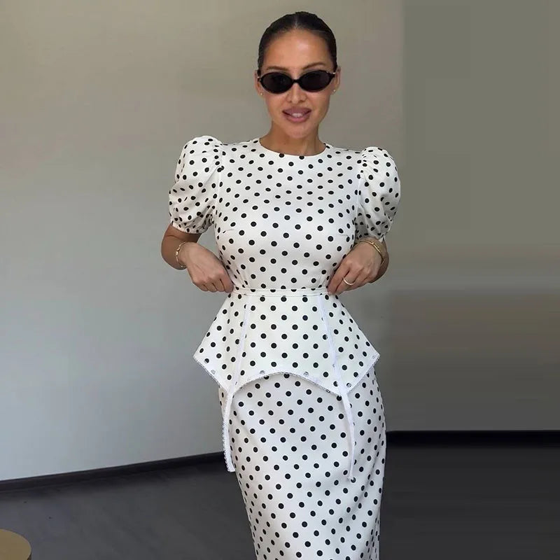 Women's Polka Dot Peplum Waist Dress Round Neck Puff Sleeve Fitted Silhouette Lace Trim Structured Midi Gown Elegant Slim