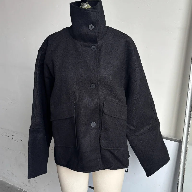Elegant Woolen Single Breasted Jacket Women Loose Full Sleeve Big Pockets Lapel Outwear Lady 2026 Summer Autumn Coats Female