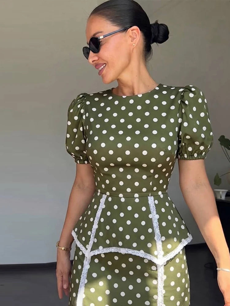 Women's Polka Dot Peplum Waist Dress Round Neck Puff Sleeve Fitted Silhouette Lace Trim Structured Midi Gown Elegant Slim
