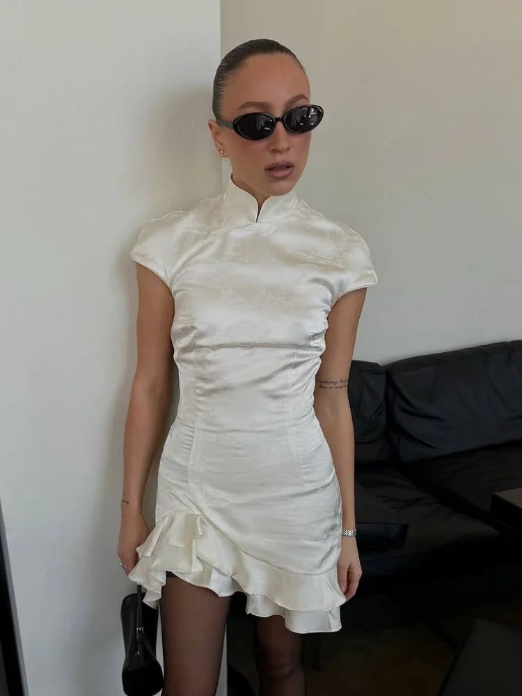 Elegant Satin Irregular Ruffle Hem Mini Dress Women Solid Stand Collar Short Sleeve Slim Dressess 2026 Lady Party Evening Gown