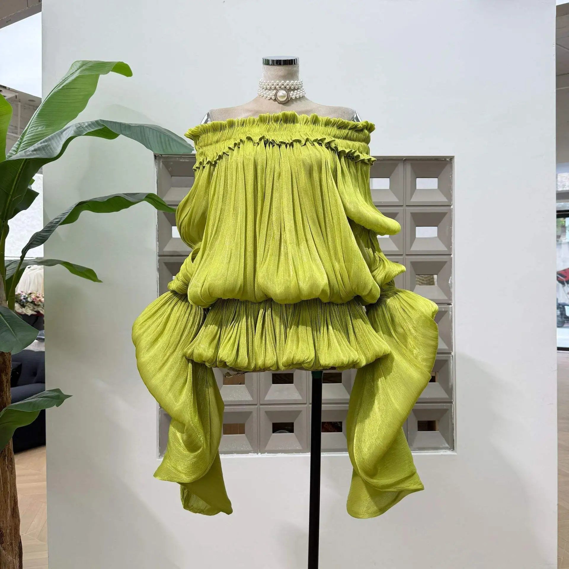 Fashion Off Shoulder Satin Ruffled Dress Set Elegant Puff Long Sleeve Irregular Hem Mini Skirt 2026 NEW Summer Lady Vestidos
