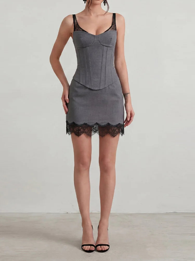 Sexy Grey Lace Patchwork Corset Dress For Women Chic Y2k Bodycon Mini Dress Bone Structure Spaghetti Straps 2026 New Lady Outfit