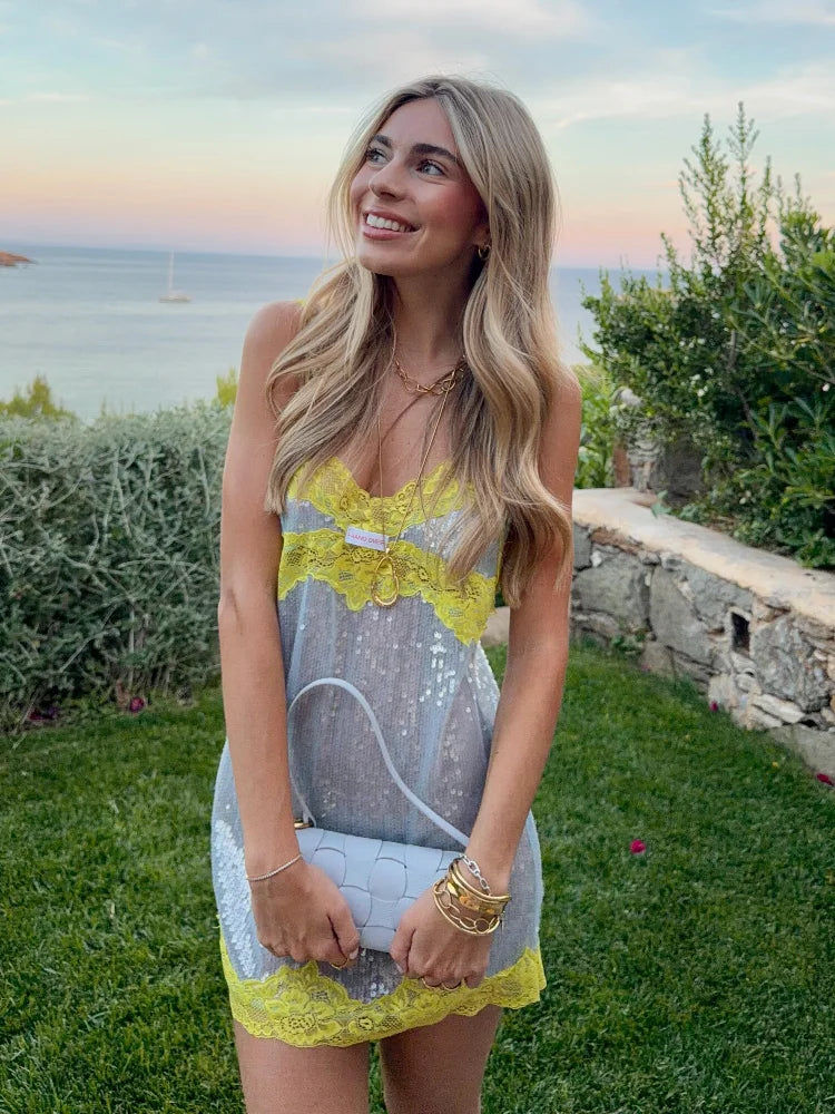 Sexy Sequin Lace Trim Dress Women Fashion V-neck Sleeveless High Waist Mini Sling Dresses 2026 Summer Lady Vacation Robe