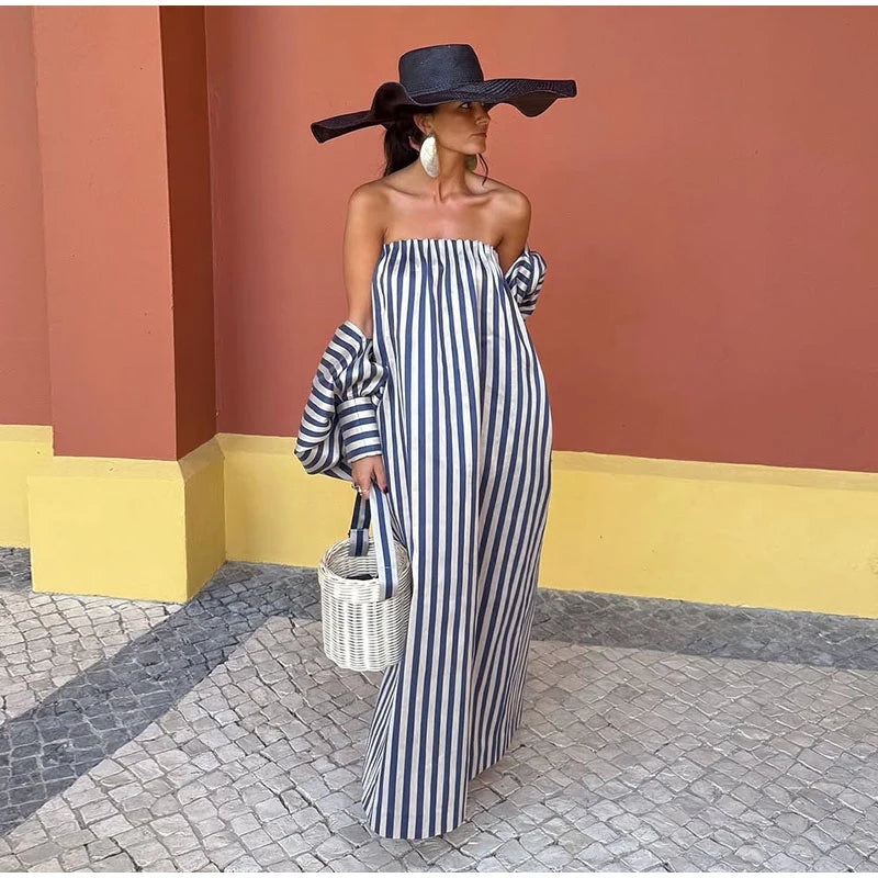 Fashion Stripe Capelet Strapless Dress Set Women's Detachable Shawl Loose Maxi Dresses 2026 Summer New Lady Casual Streetwear