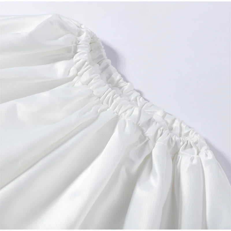 Fashion White Pleated Bubble Skirt Set Women O-neck Full Sleeve Crop Top Chic Puff Skirts Suits 2026 Lady Evening Party Outfit