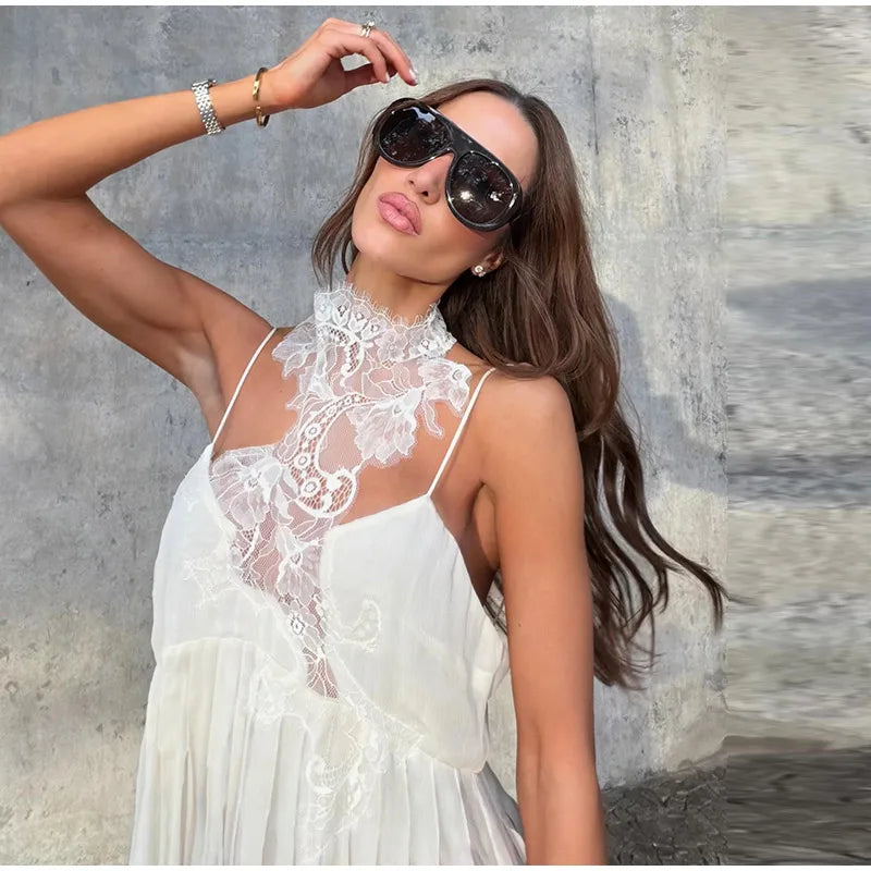 Fashion Asymmetric Floral Lace Halter Neck Cami Women's Sleeveless Chiffon Ruffle Hem Top 2026 Summer Lady Beach Vacation Wear