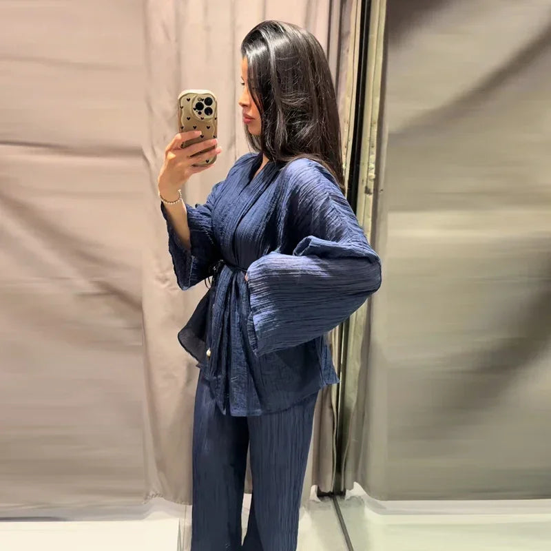 Women's Lace Up Blouses Pants Sets V-neck Long Flare Sleeve Tops Wide Leg Trousers Suit Women 2026 Summer Casual 2 Pieces Set