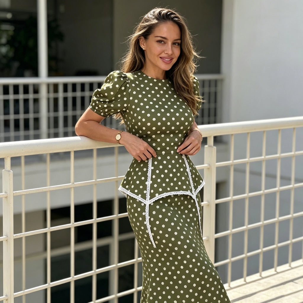 Polka Dot Women Dress Round Neck Puff Sleeve Dress High Waisted Mini Dress Waist Cincher Design Elegant Fashion Outfit 2026