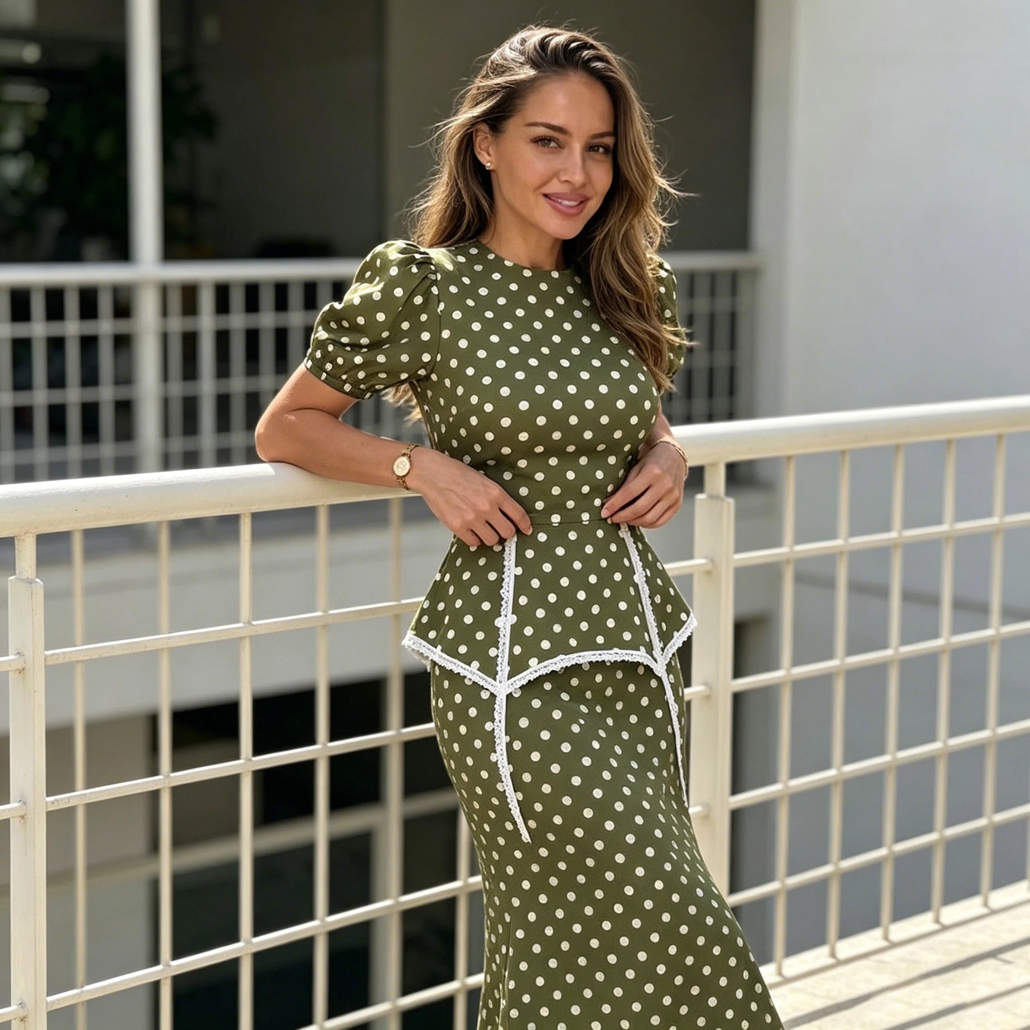Polka Dot Women Dress Round Neck Puff Sleeve Dress High Waisted Mini Dress Waist Cincher Design Elegant Fashion Outfit 2026