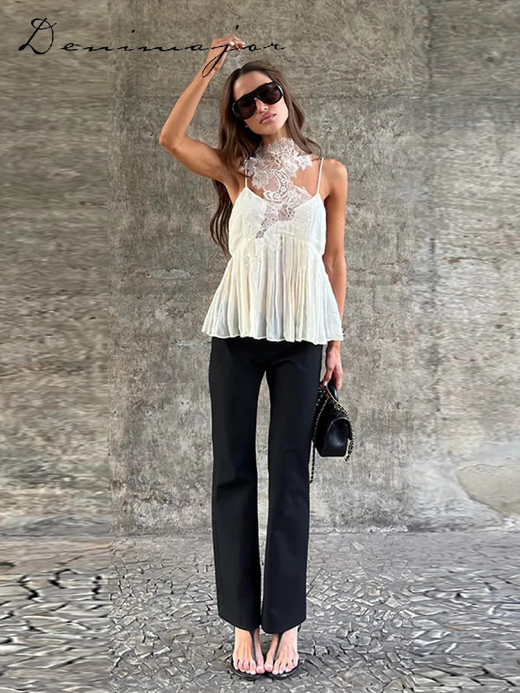 Fashion Asymmetric Floral Lace Halter Neck Cami Women's Sleeveless Chiffon Ruffle Hem Top 2026 Summer Lady Beach Vacation Wear