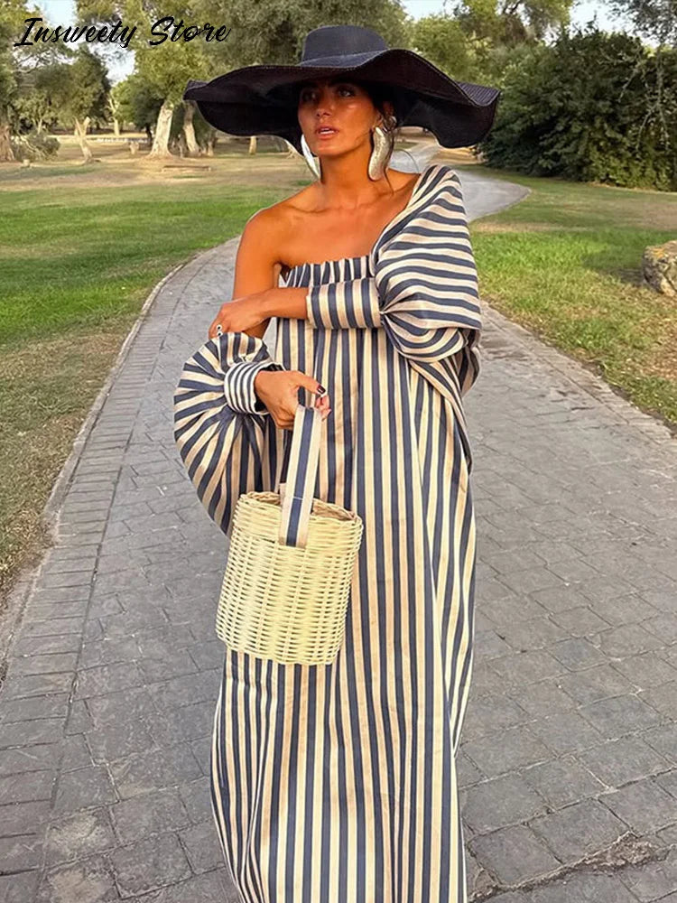 Fashion Stripe Capelet Strapless Dress Set Women's Detachable Shawl Loose Maxi Dresses 2026 Summer New Lady Casual Streetwear