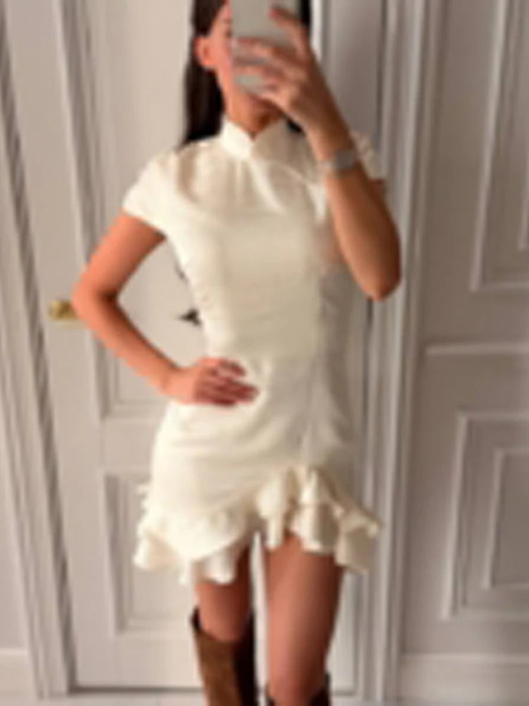 Elegant Satin Irregular Ruffle Hem Mini Dress Women Solid Stand Collar Short Sleeve Slim Dressess 2026 Lady Party Evening Gown