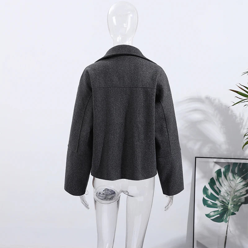 Elegant Woolen Single Breasted Jacket Women Loose Full Sleeve Big Pockets Lapel Outwear Lady 2026 Summer Autumn Coats Female