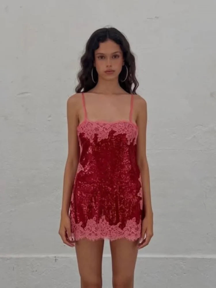 Sexy Sequin Lace Trim Dress Women Fashion V-neck Sleeveless High Waist Mini Sling Dresses 2026 Summer Lady Vacation Robe