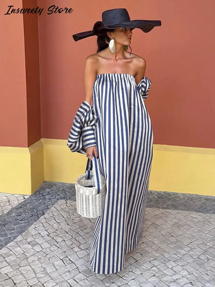 Fashion Stripe Capelet Strapless Dress Set Women's Detachable Shawl Loose Maxi Dresses 2026 Summer New Lady Casual Streetwear