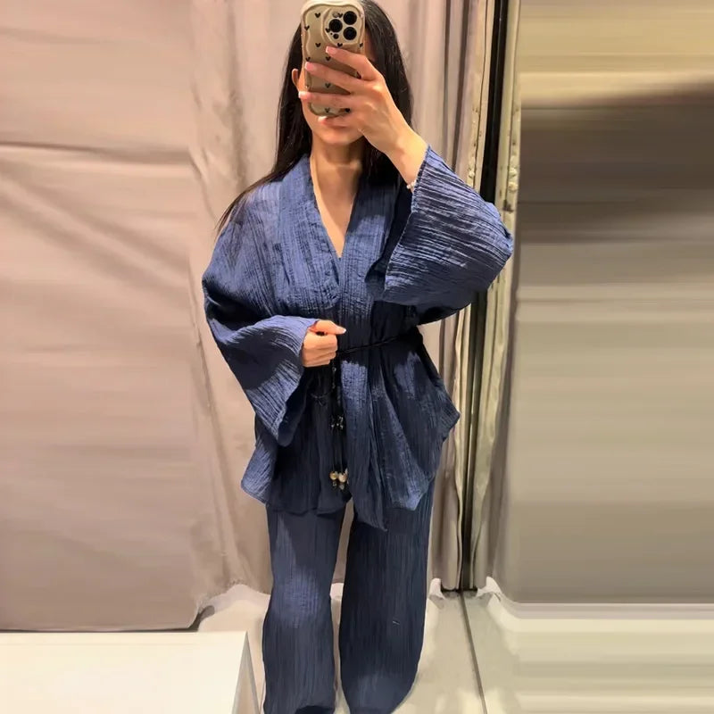 Women's Lace Up Blouses Pants Sets V-neck Long Flare Sleeve Tops Wide Leg Trousers Suit Women 2026 Summer Casual 2 Pieces Set