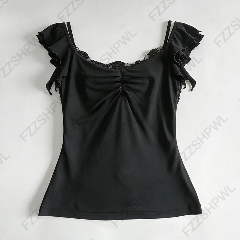 Y2K Japanese Summer Women's Camisole Top Sexy Cute Slim Fashion Casual Lace Solid Color Crop Tee Kawaii Sweet Girlish Streetwear