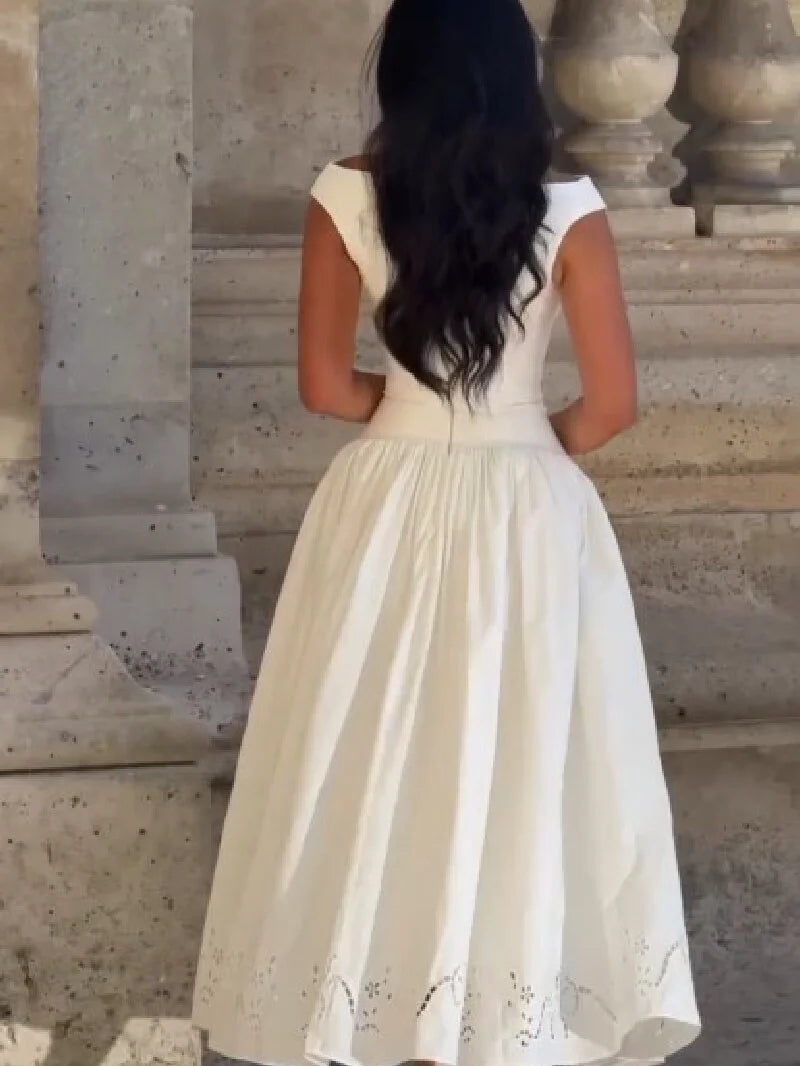 Minimalist White Boat Neck Midi Dress Women Elegant Cap Sleeve A-line Flare Eyelet Embroidery Vestido Wedding  Formal Party Gown