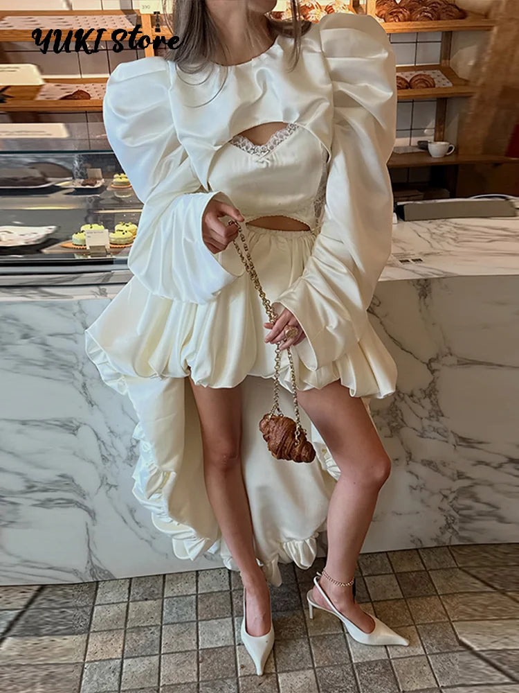 Fashion White Pleated Bubble Skirt Set Women O-neck Full Sleeve Crop Top Chic Puff Skirts Suits 2026 Lady Evening Party Outfit