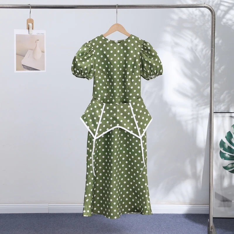 Polka Dot Women Dress Round Neck Puff Sleeve Dress High Waisted Mini Dress Waist Cincher Design Elegant Fashion Outfit 2026