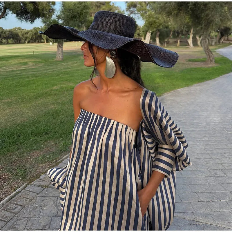 Fashion Stripe Capelet Strapless Dress Set Women's Detachable Shawl Loose Maxi Dresses 2026 Summer New Lady Casual Streetwear