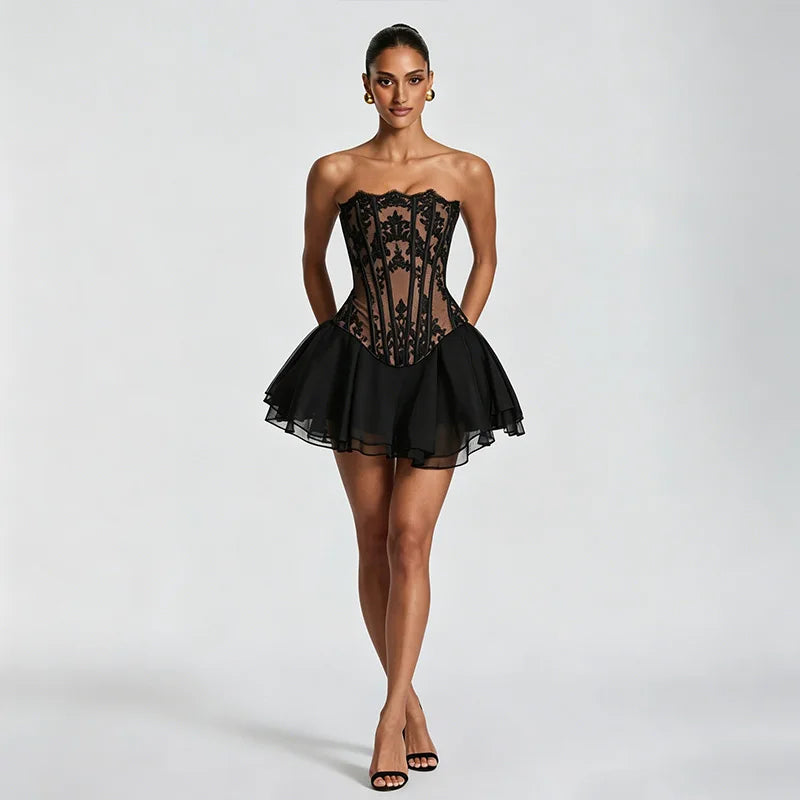 Lace Bone Corset Women Two Piece Set Back Lace Up Fitted Top Double Layer Tulle Flare Mini Skirt Evening Party Daily Outfit