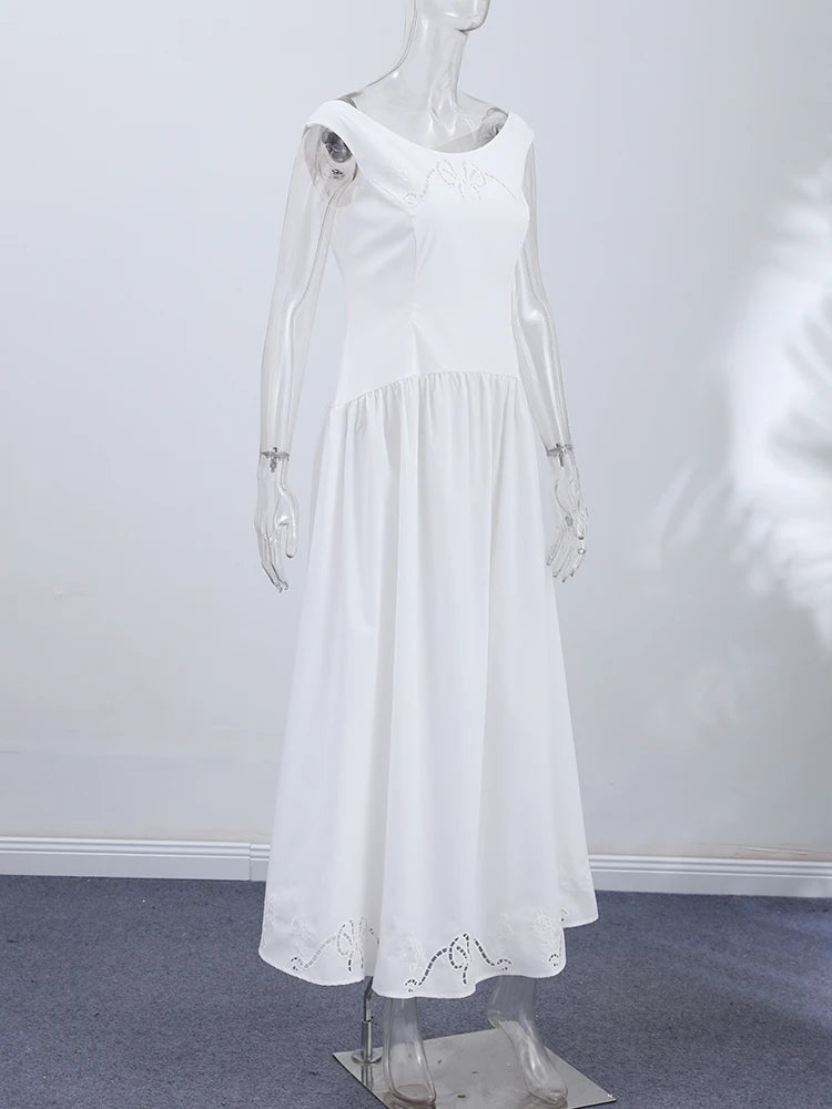 Minimalist White Boat Neck Midi Dress Women Elegant Cap Sleeve A-line Flare Eyelet Embroidery Vestido Wedding  Formal Party Gown