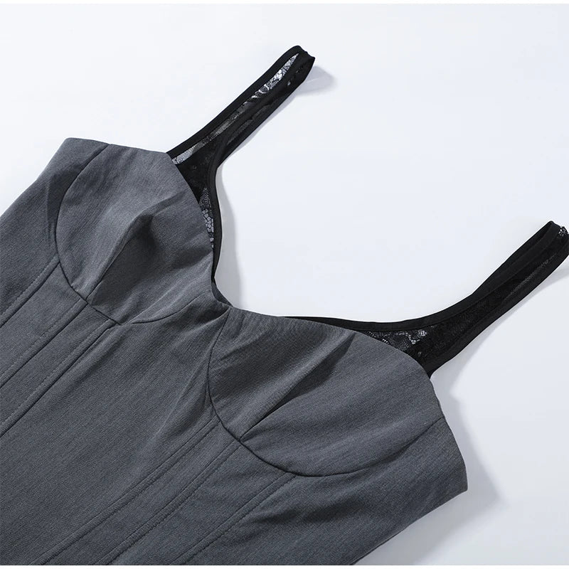 Square Neck Sleeveless Women's Two Piece Set Bone Support Corset Crop Top Waist Cut Out Mini Skirt Scallop Lace Trim Set 2026