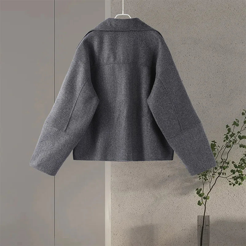 Elegant Woolen Single Breasted Jacket Women Loose Full Sleeve Big Pockets Lapel Outwear Lady 2026 Summer Autumn Coats Female