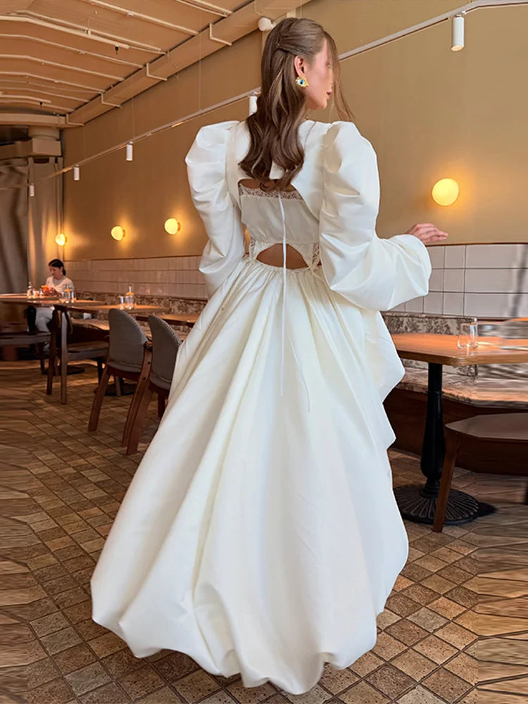 Fashion White Pleated Bubble Skirt Set Women O-neck Full Sleeve Crop Top Chic Puff Skirts Suits 2026 Lady Evening Party Outfit