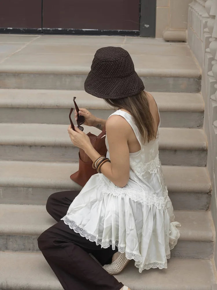 Women's A-Line Dress V-Neck Sleeveless Lace Trim Tiered Flared Casual Daily Wear Dress Stylish Ladies Frock