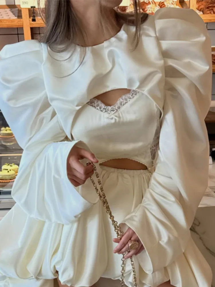 Fashion White Pleated Bubble Skirt Set Women O-neck Full Sleeve Crop Top Chic Puff Skirts Suits 2026 Lady Evening Party Outfit