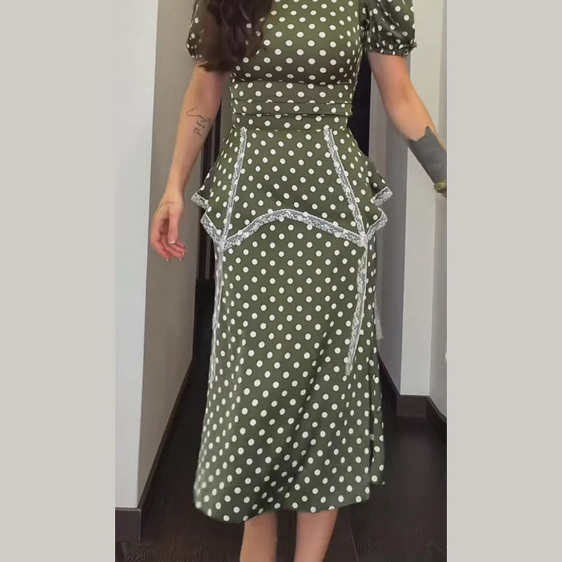 Polka Dot Women Dress Round Neck Puff Sleeve Dress High Waisted Mini Dress Waist Cincher Design Elegant Fashion Outfit 2026