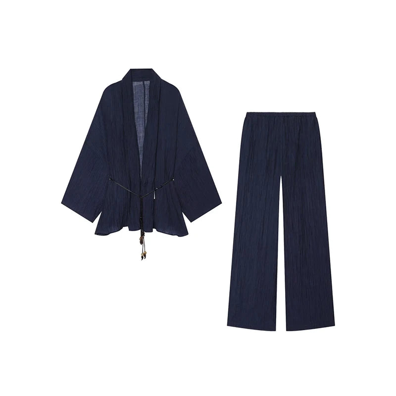 Women's Lace Up Blouses Pants Sets V-neck Long Flare Sleeve Tops Wide Leg Trousers Suit Women 2026 Summer Casual 2 Pieces Set